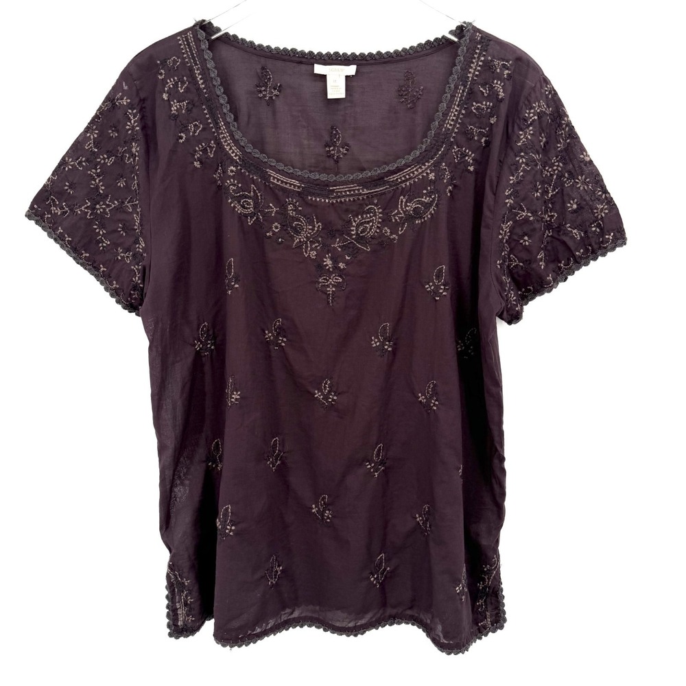 J Crew Embroidered Top Size‎ M Cotton Short Sleeve Boho Floral Paisley Brown